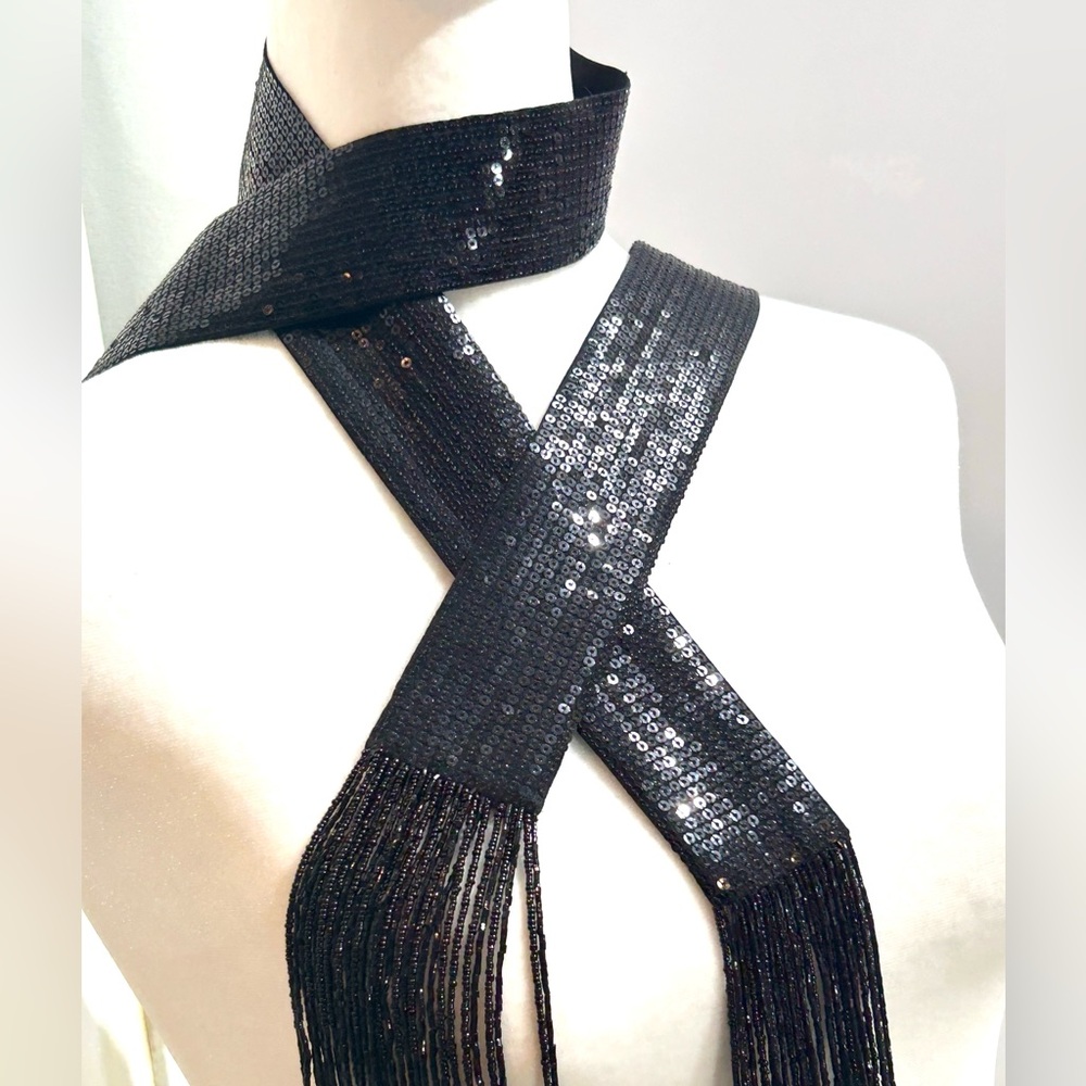 Per Se Black, White Sequined and Beaded Sash Belts Set with Fringe - Picture 5 of 13